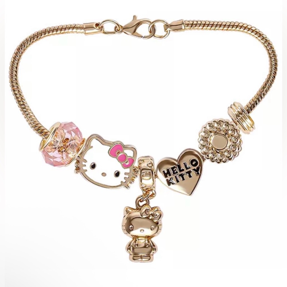 Hello Kitty 7'' Fashion Charm Bead Bracelet with Pink and Gold Tone Enamel Beads